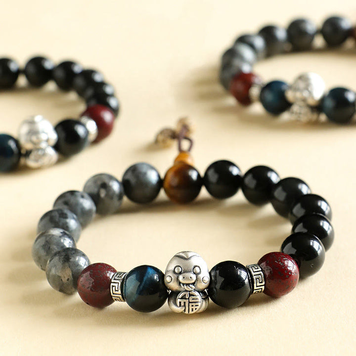 Buddha Stones Black Glitter Stone Black Onyx 999 Sterling Silver Fu Character Copper Coin Year Of Snake Protection Bracelet