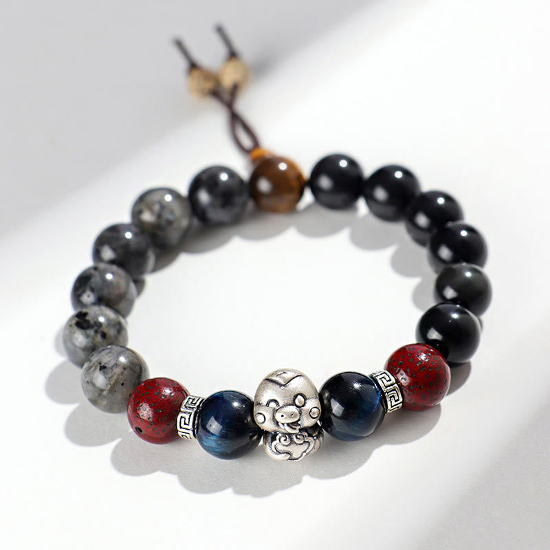 Buddha Stones Black Glitter Stone Black Onyx 999 Sterling Silver Fu Character Copper Coin Year Of Snake Protection Bracelet