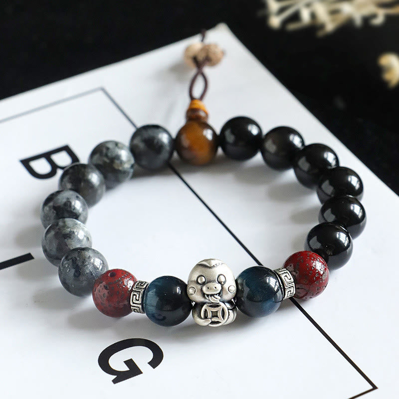 Buddha Stones Black Glitter Stone Black Onyx 999 Sterling Silver Fu Character Copper Coin Year Of Snake Protection Bracelet