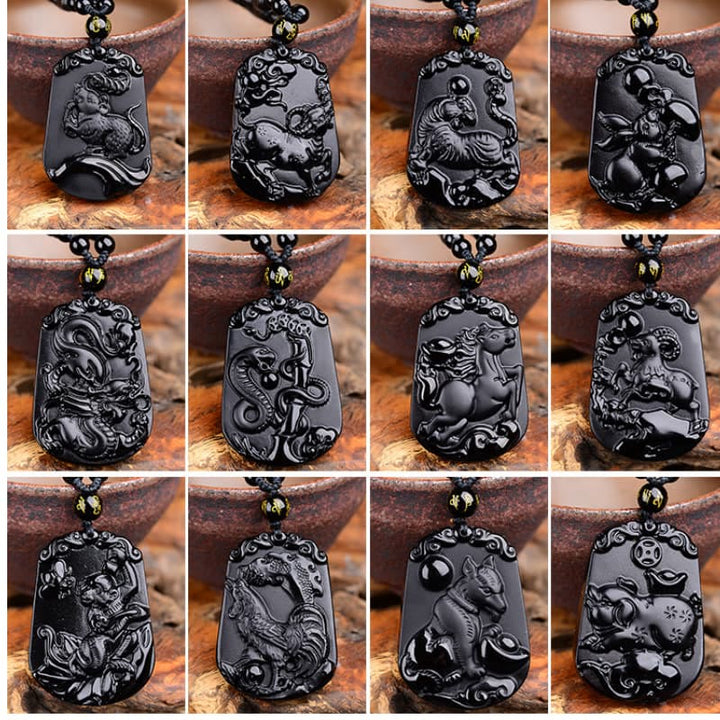 Buddha Stones Chinese Zodiac Obsidian Purification Fulfilment Necklace Pendant