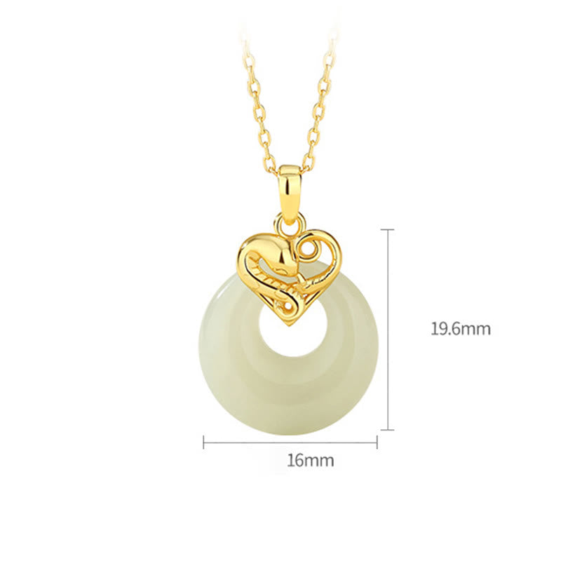 Buddha Stones 925 Sterling Silver Heart Hetian Jade Chalcedony Peace Buckle Year Of The Snake Blessing Luck Necklace Pendant