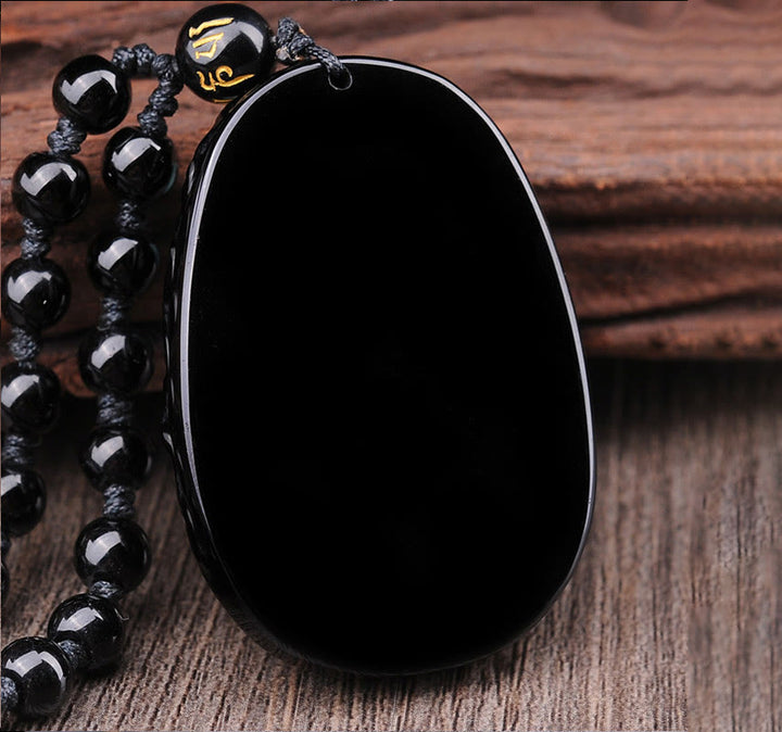 Buddha Stones Natural Black Obsidian PiXiu Oval Pattern Strength Necklace Pendant