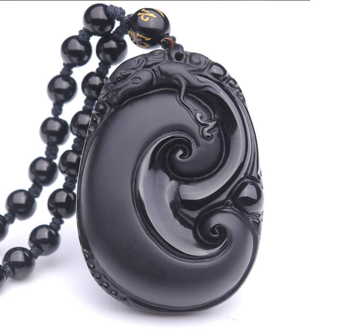 Buddha Stones Natural Black Obsidian PiXiu Oval Pattern Strength Necklace Pendant