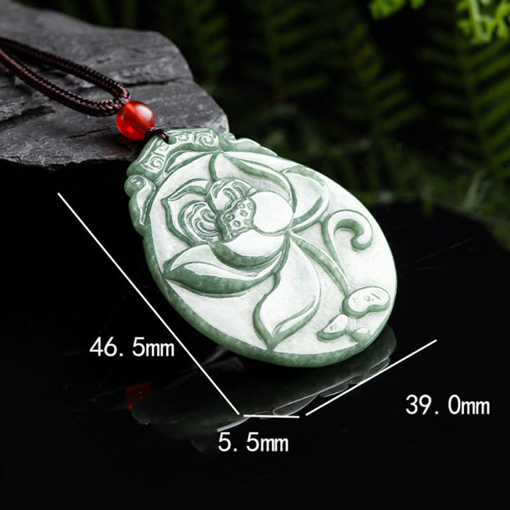 Buddha Stones Round Lotus Pattern Jade Abundance Prosperity Necklace Rope Pendant