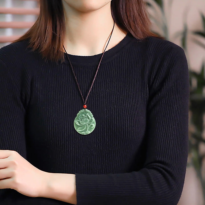 Buddha Stones Round Lotus Pattern Jade Abundance Prosperity Necklace Rope Pendant