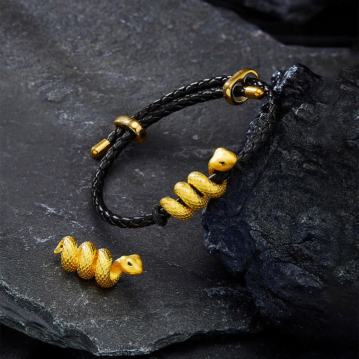 Buddha Stones 999 Gold Snake Double Buckle Leather Cord Black Rope Year Of The Snake Protection Bracelet