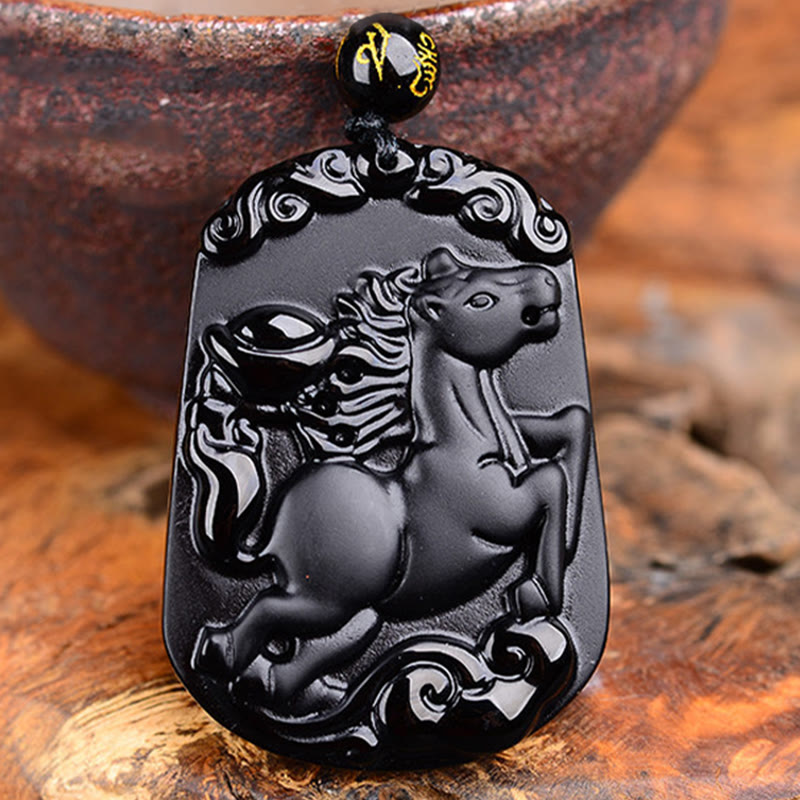 Buddha Stones Chinese Zodiac Obsidian Purification Fulfilment Necklace Pendant