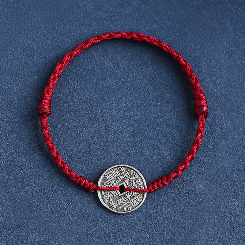 Buddha Stones 925 Sterling Silver Coin Protection Braided Bracelet Anklet