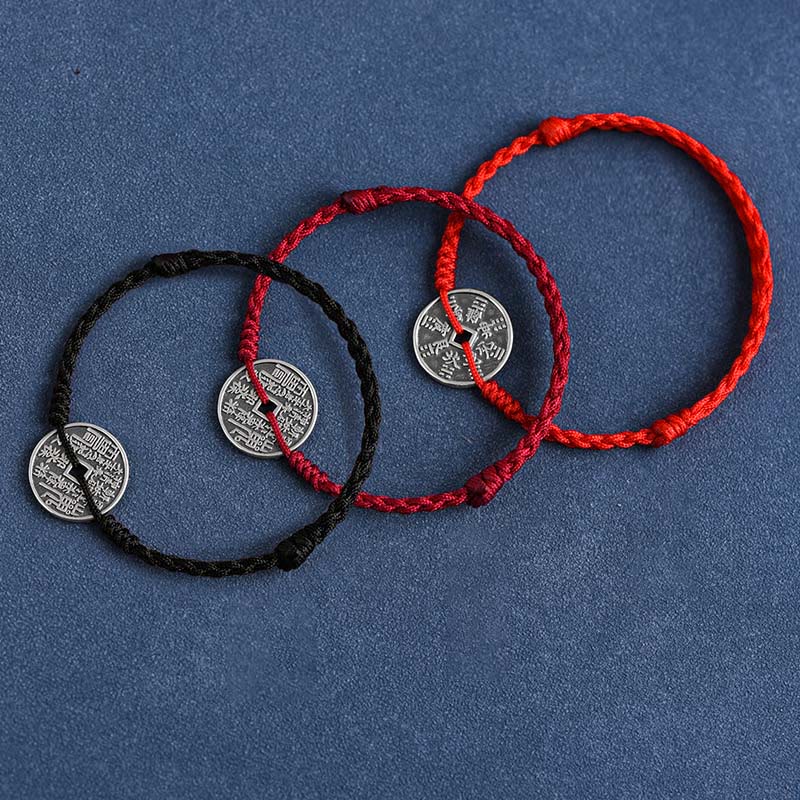 Buddha Stones 925 Sterling Silver Coin Protection Braided Bracelet Anklet