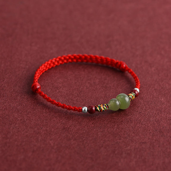 Buddha Stones Natural Hetian Jade Gourd Protection Luck Braided Bracelet Anklet