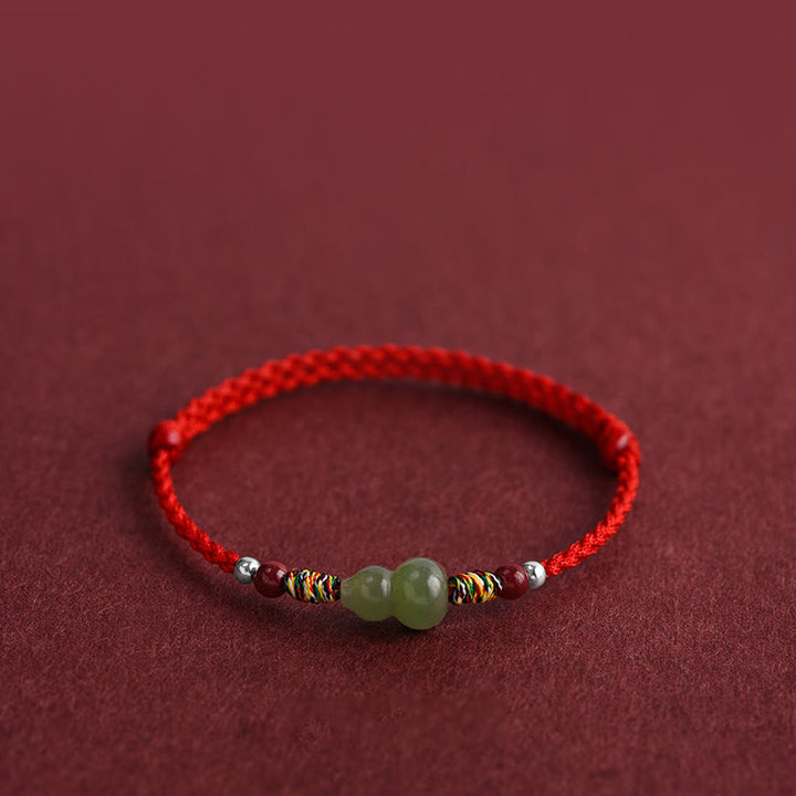 Buddha Stones Natural Hetian Jade Gourd Protection Luck Braided Bracelet Anklet