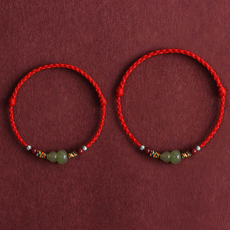 Buddha Stones Natural Hetian Jade Gourd Protection Luck Braided Bracelet Anklet