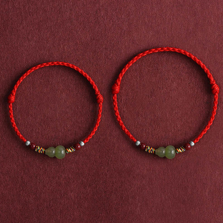 Buddha Stones Natural Hetian Jade Gourd Protection Luck Braided Bracelet Anklet