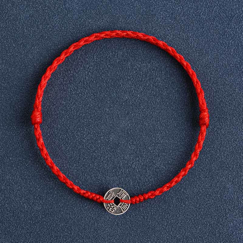 Buddha Stones 925 Sterling Silver Five Emperor Coins Red String Protection Luck Braided Bracelet Anklet