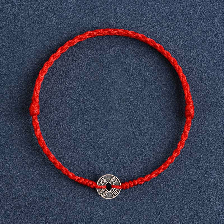 Buddha Stones 925 Sterling Silver Five Emperor Coins Red String Protection Luck Braided Bracelet Anklet - Red String Qianlong Coin - Anklet(Circumference 17-30cm) - image 12