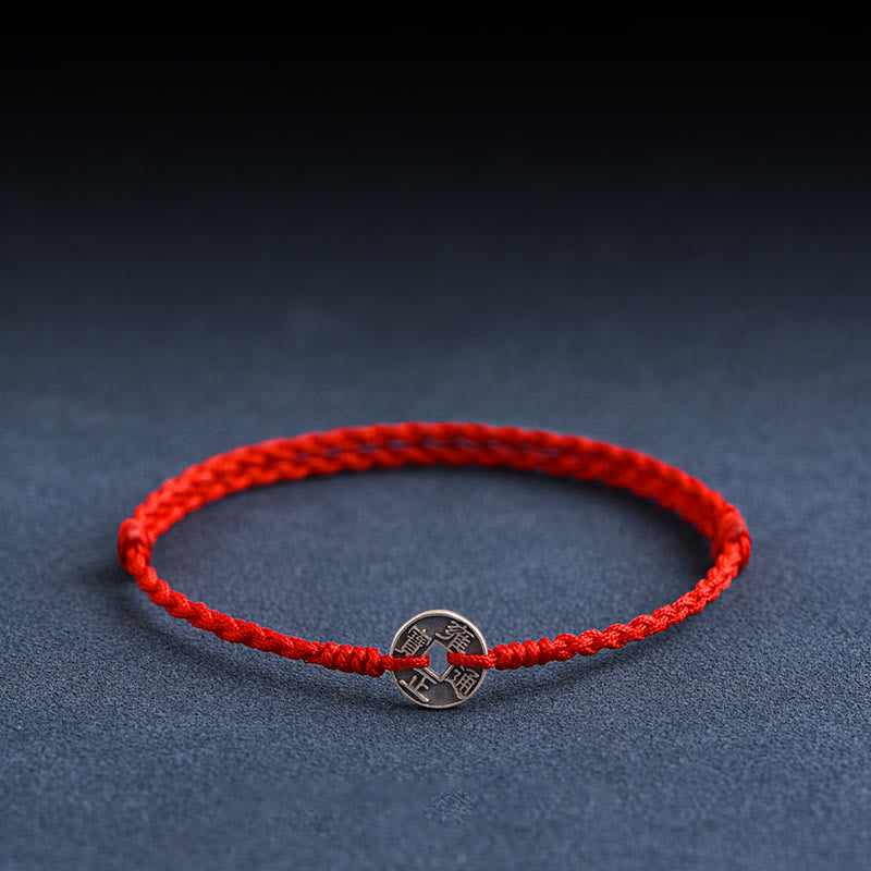 Buddha Stones 925 Sterling Silver Five Emperor Coins Red String Protection Luck Braided Bracelet Anklet - image 0