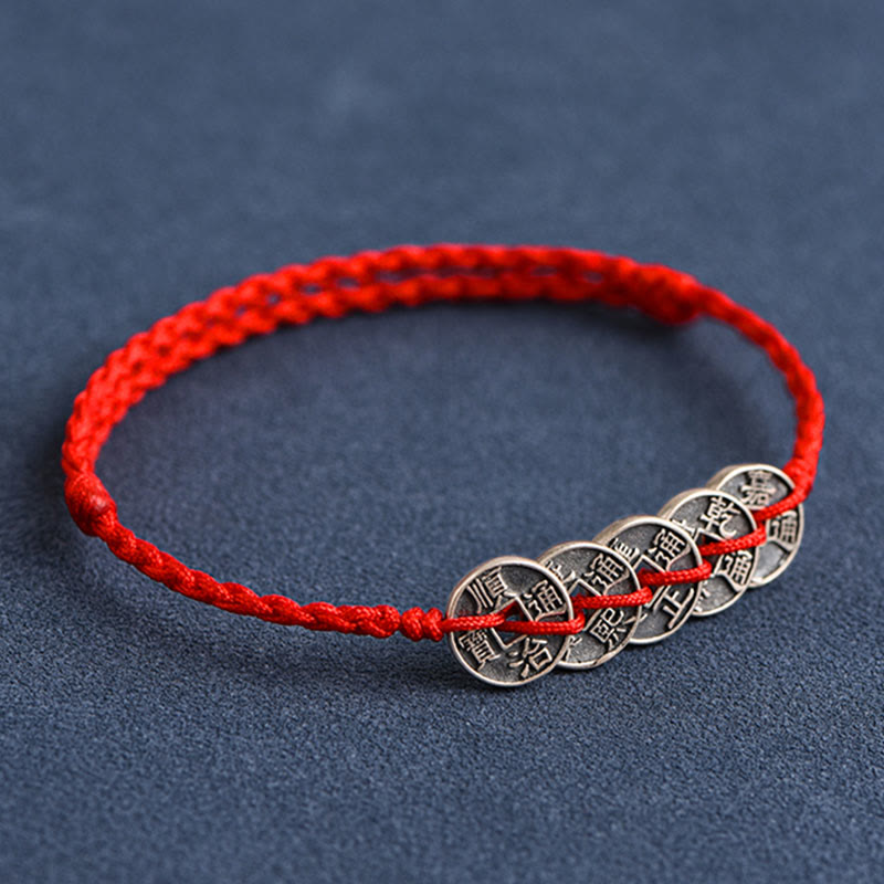 Buddha Stones 925 Sterling Silver Five Emperor Coins Red String Protection Luck Braided Bracelet Anklet - image 15