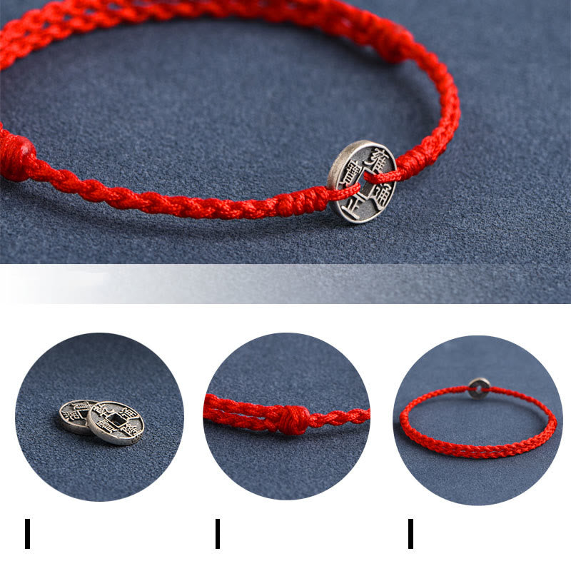 Buddha Stones 925 Sterling Silver Five Emperor Coins Red String Protection Luck Braided Bracelet Anklet - image 4