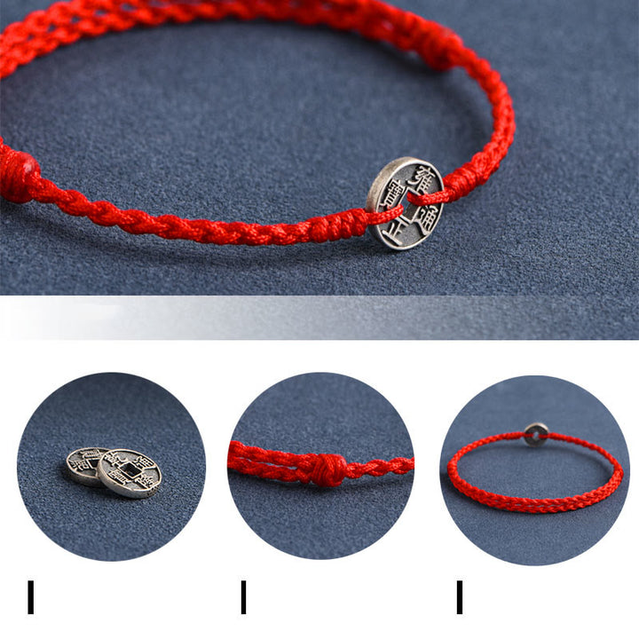 Buddha Stones 925 Sterling Silver Five Emperor Coins Red String Protection Luck Braided Bracelet Anklet - image 4
