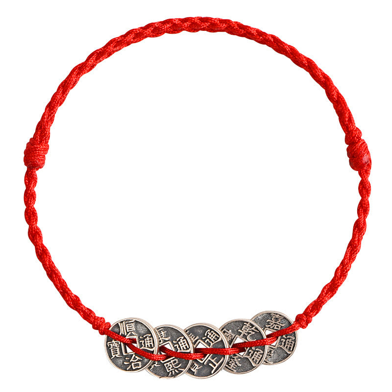 Buddha Stones 925 Sterling Silver Five Emperor Coins Red String Protection Luck Braided Bracelet Anklet - image 17