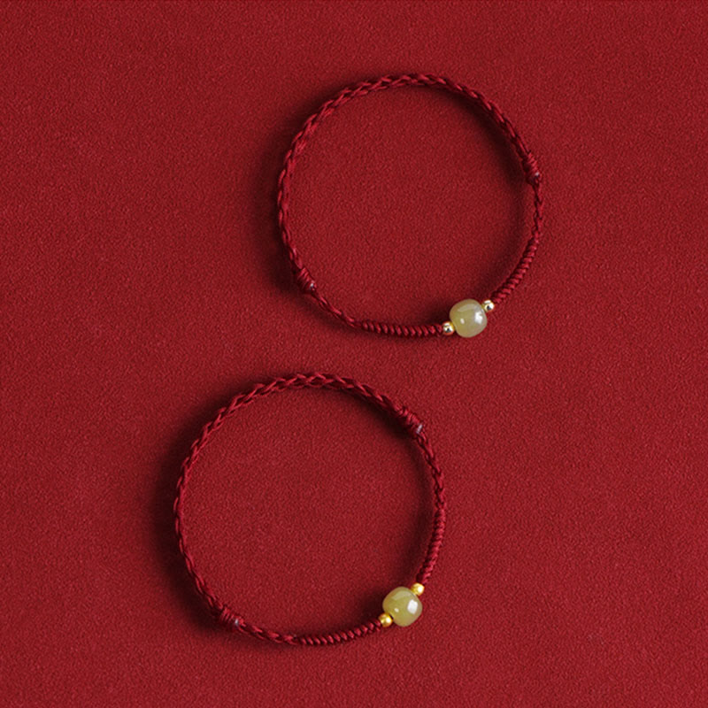 Buddha Stones Natural Hetian Jade 999 Gold Beads Protection Luck Braided Bracelet Anklet