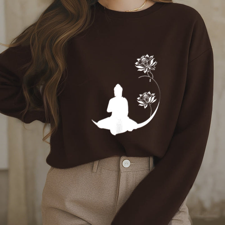 Buddha Stones Buddha Sitting With Lotus Flowers Pattern Fleece Lined Sweatshirt