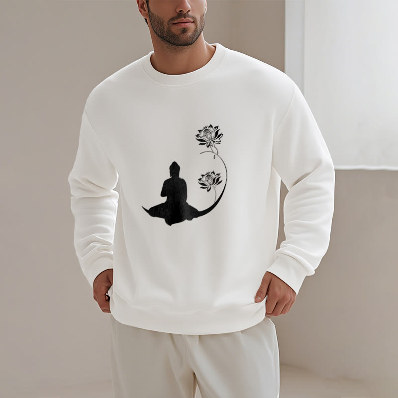 Buddha Stones Buddha Sitting With Lotus Flowers Pattern Fleece Lined Sweatshirt