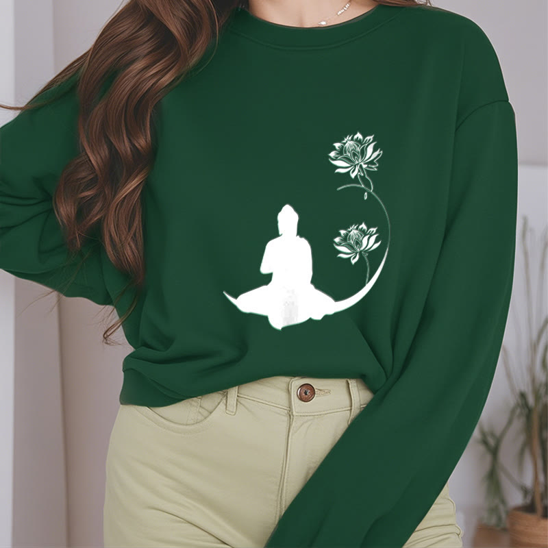 Buddha Stones Buddha Sitting With Lotus Flowers Pattern Fleece Lined Sweatshirt