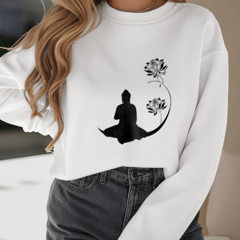 Buddha Stones Buddha Sitting With Lotus Flowers Pattern Fleece Lined Sweatshirt