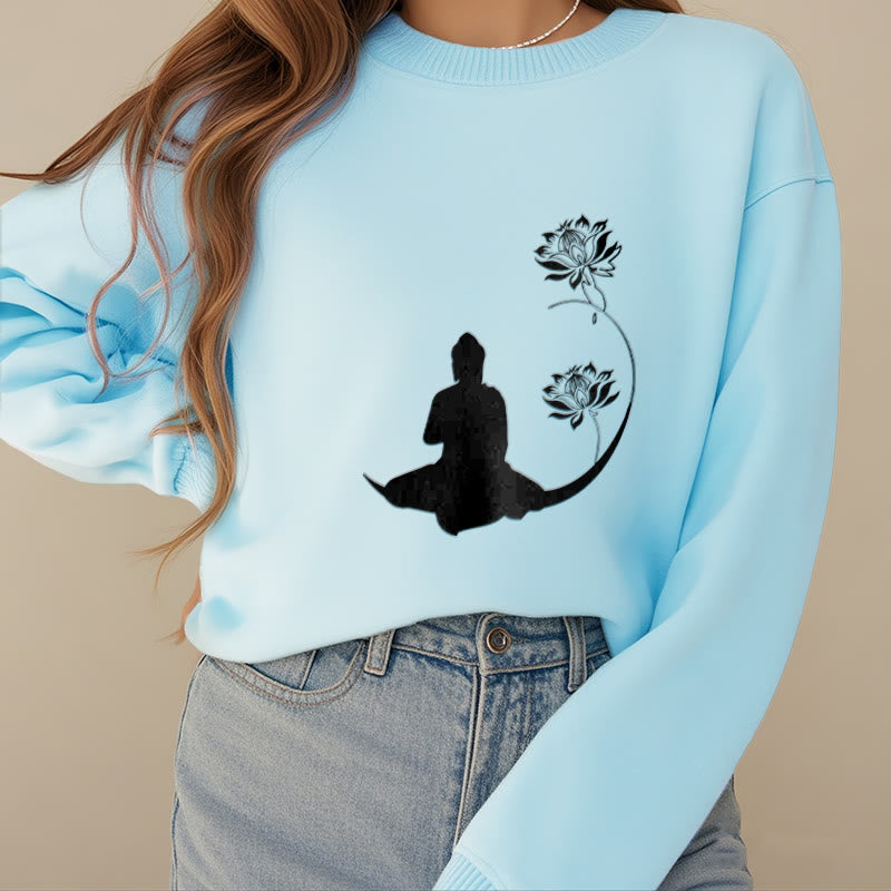 Buddha Stones Buddha Sitting With Lotus Flowers Pattern Fleece Lined Sweatshirt