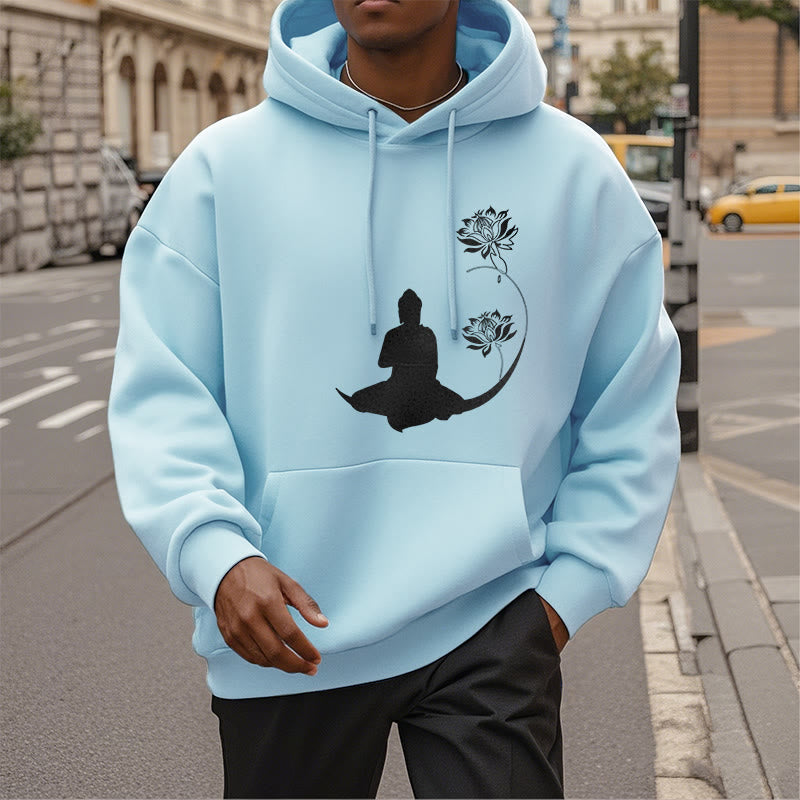 Buddha Stones Buddha Sitting With Lotus Flowers Pattern Fleece Lined Hoodie