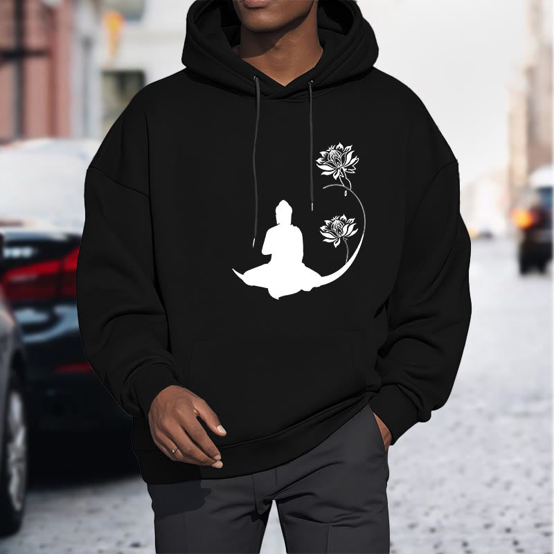 Buddha Stones Buddha Sitting With Lotus Flowers Pattern Fleece Lined Hoodie