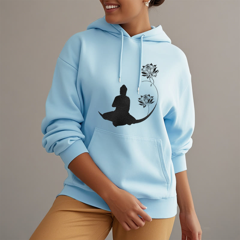 Buddha Stones Buddha Sitting With Lotus Flowers Pattern Fleece Lined Hoodie