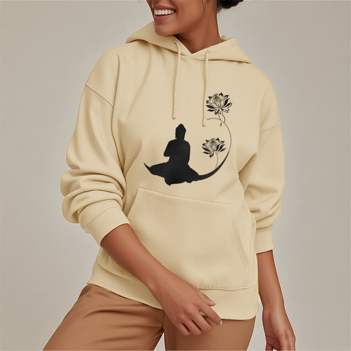 Buddha Stones Buddha Sitting With Lotus Flowers Pattern Fleece Lined Hoodie