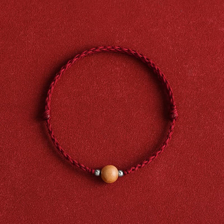 Buddha Stones Natural Peach Wood Bead Luck Braided Bracelet Anklet