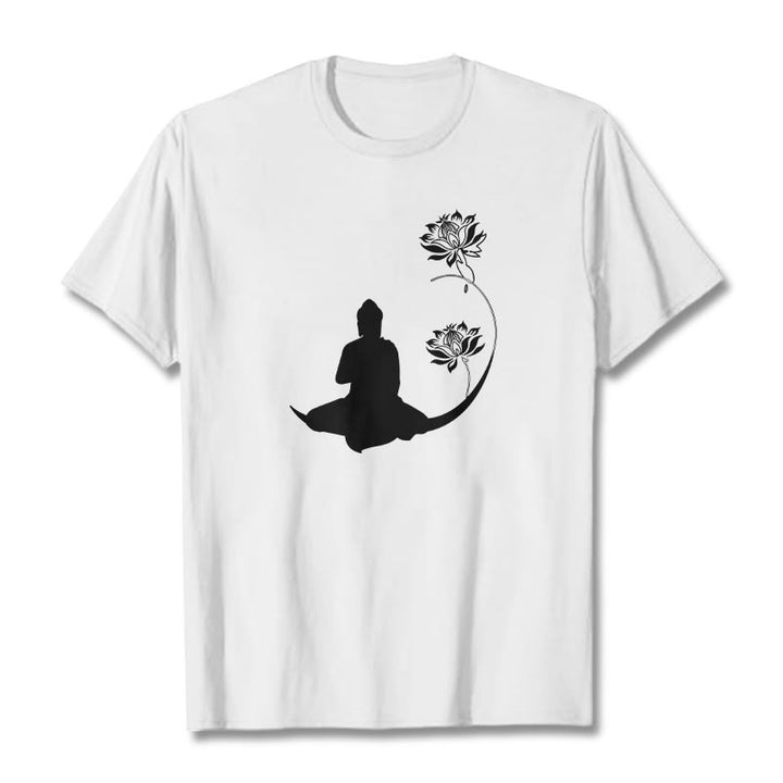 Buddha Stones Buddha Sitting With Lotus Flowers Pattern Pattern Tee T-shirt - White - 2XL - image 6
