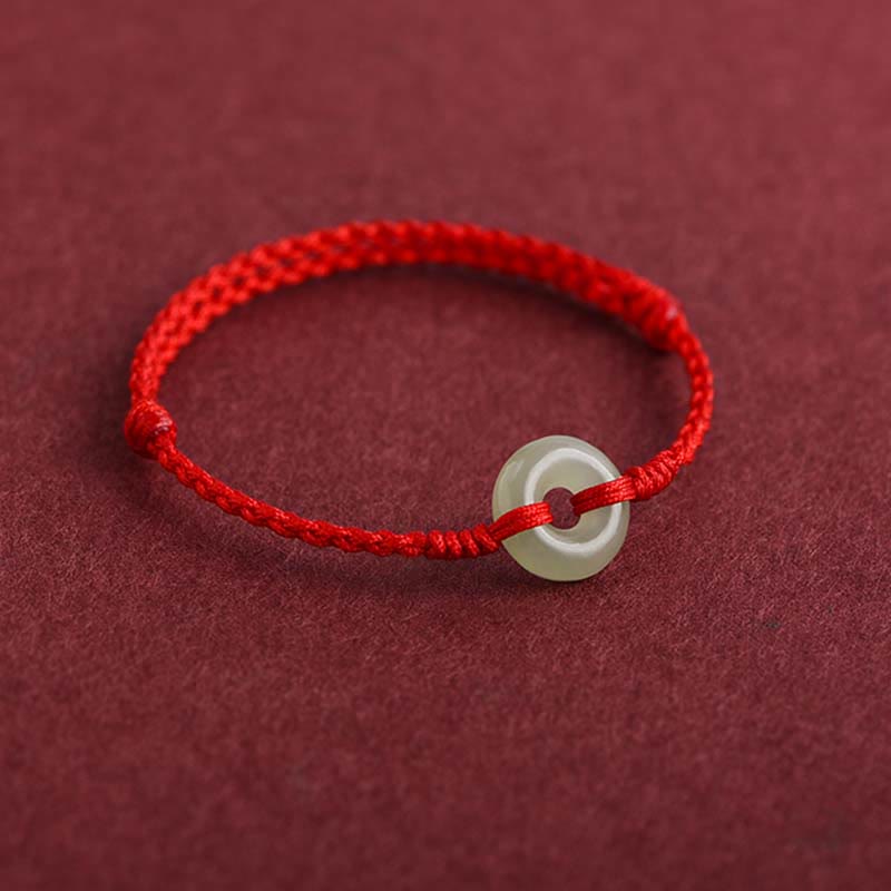 Buddha Stones Natural Hetian Jade Peace Buckle Protection Luck Braided Bracelet Anklet