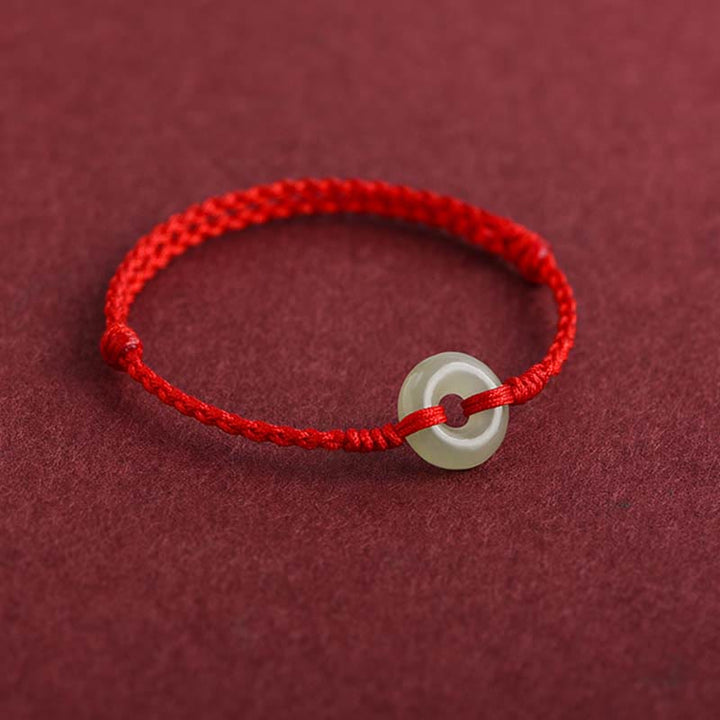 Buddha Stones Natural Hetian Jade Peace Buckle Protection Luck Braided Bracelet Anklet