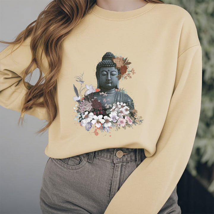 Buddha Stones Colorful Flowers Surrounding Buddha Fleece Lined Sweatshirt