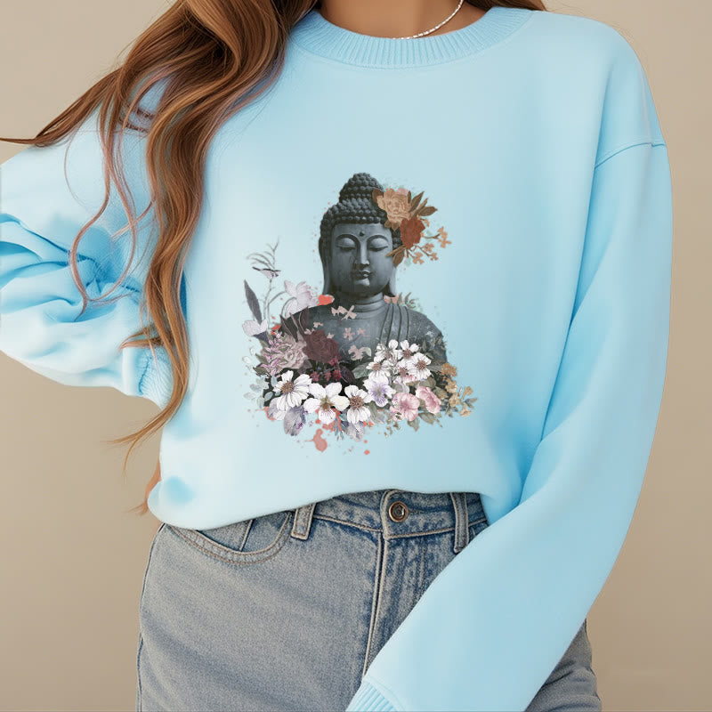 Buddha Stones Colorful Flowers Surrounding Buddha Fleece Lined Sweatshirt