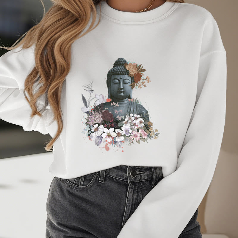 Buddha Stones Colorful Flowers Surrounding Buddha Fleece Lined Sweatshirt