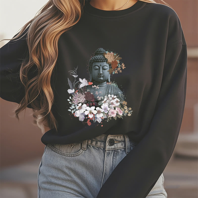 Buddha Stones Colorful Flowers Surrounding Buddha Fleece Lined Sweatshirt