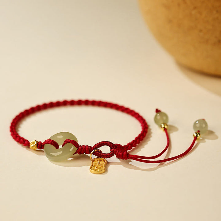 Buddha Stones Natural Hetian Jade Peace Buckle Red String Luck Braided Bracelet