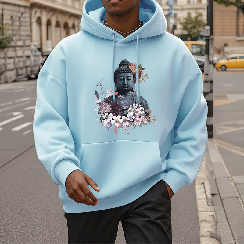 Buddha Stones Colorful Flowers Surrounding Buddha Pattern Fleece Lined Hoodie