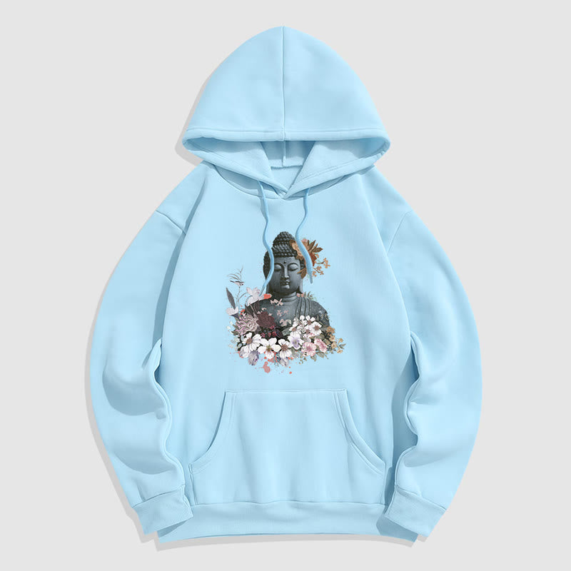 Buddha Stones Colorful Flowers Surrounding Buddha Pattern Fleece Lined Hoodie