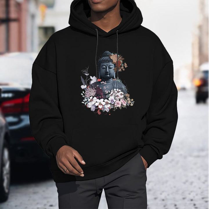 Buddha Stones Colorful Flowers Surrounding Buddha Pattern Fleece Lined Hoodie