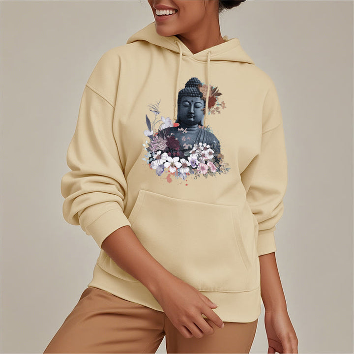 Buddha Stones Colorful Flowers Surrounding Buddha Pattern Fleece Lined Hoodie