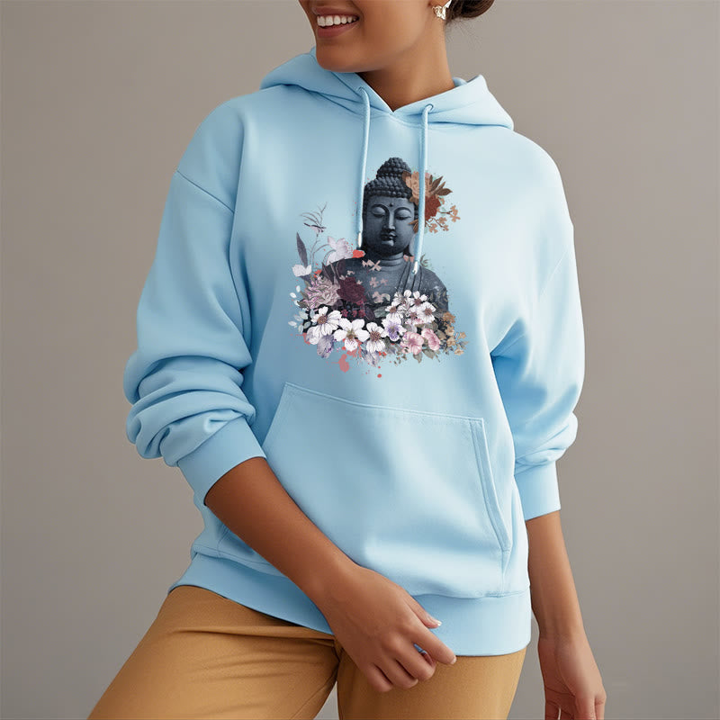 Buddha Stones Colorful Flowers Surrounding Buddha Pattern Fleece Lined Hoodie