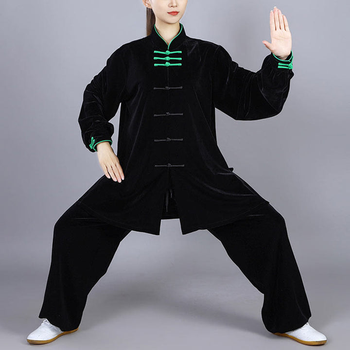 Buddha Stones 2Pcs Fall Winter Tai Chi Qigong Practice Unisex Frog-Button Meditation Velour Clothing Set