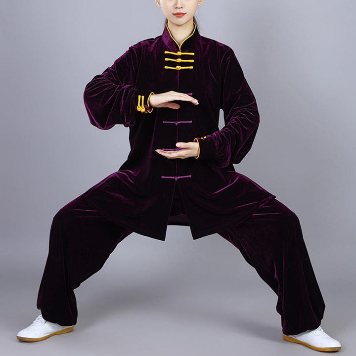 Buddha Stones 2Pcs Fall Winter Tai Chi Qigong Practice Unisex Frog-Button Meditation Velour Clothing Set